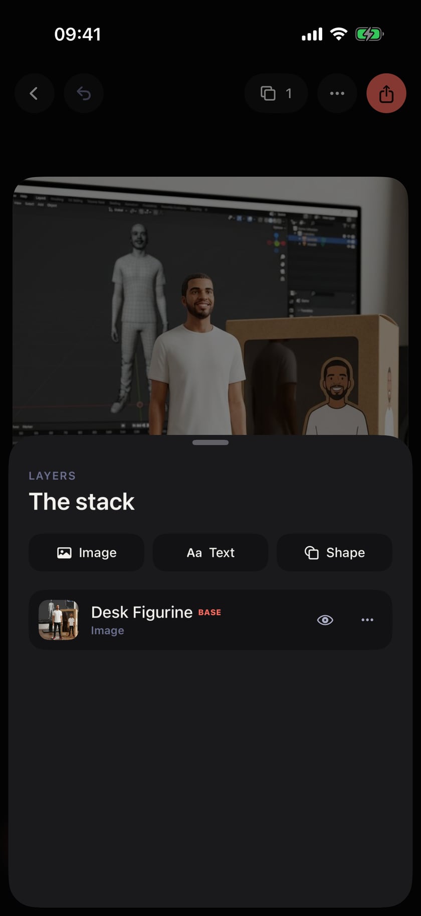 The Layers drawer in AnyPic Studio, titled The stack, with Image, Text and Shape buttons and the Desk Figurine base image layer