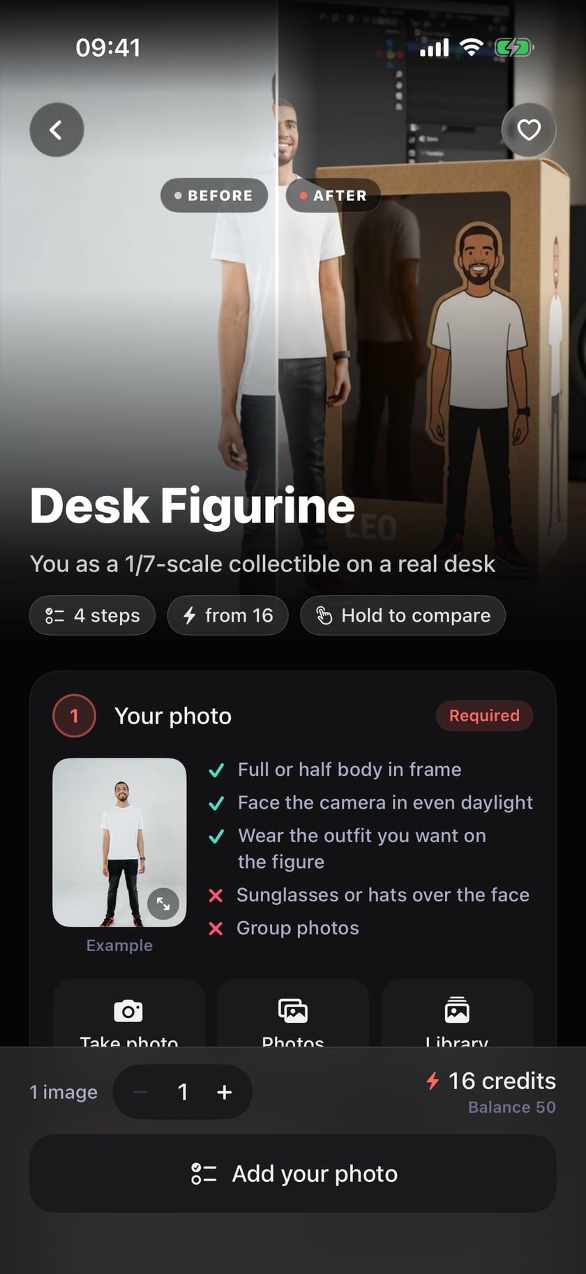 The Desk Figurine trend in AnyPic: a before-and-after header, “from 16” credits, and the Your photo step with an example photo, tips and Take photo, Photos and Library buttons