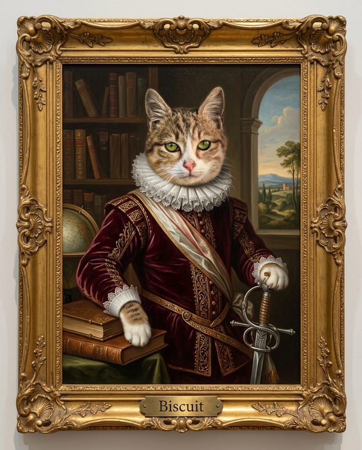 Royal Pet result: a cat painted as nobility in a gilded frame, made from a pet photo